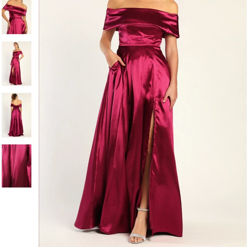 Lulu's Berry Pink Satin Off-the-Shoulder Maxi Dress (Size XL)